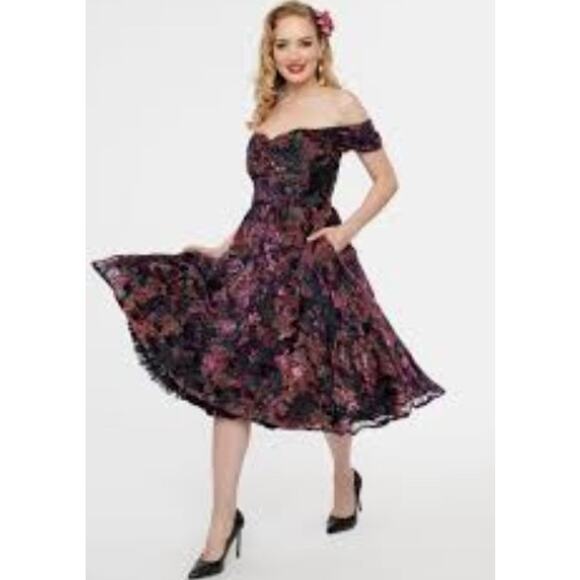 Unique Vintage Dresses & Skirts - Unique Vintage Floral Burn Out Off the Shoulder Swing Dress 50s Sz M #33